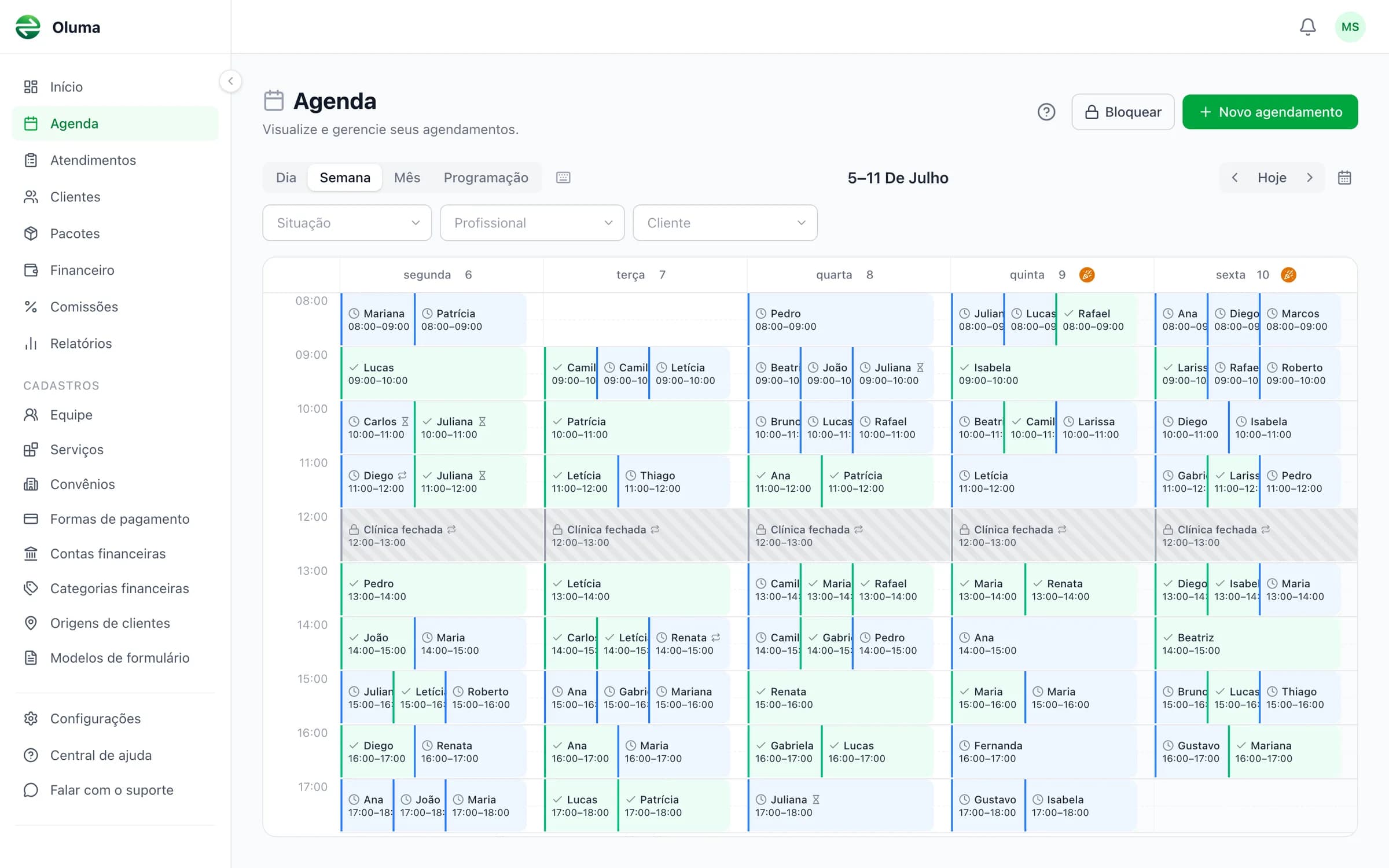 Agenda do Oluma na visualização de semana
