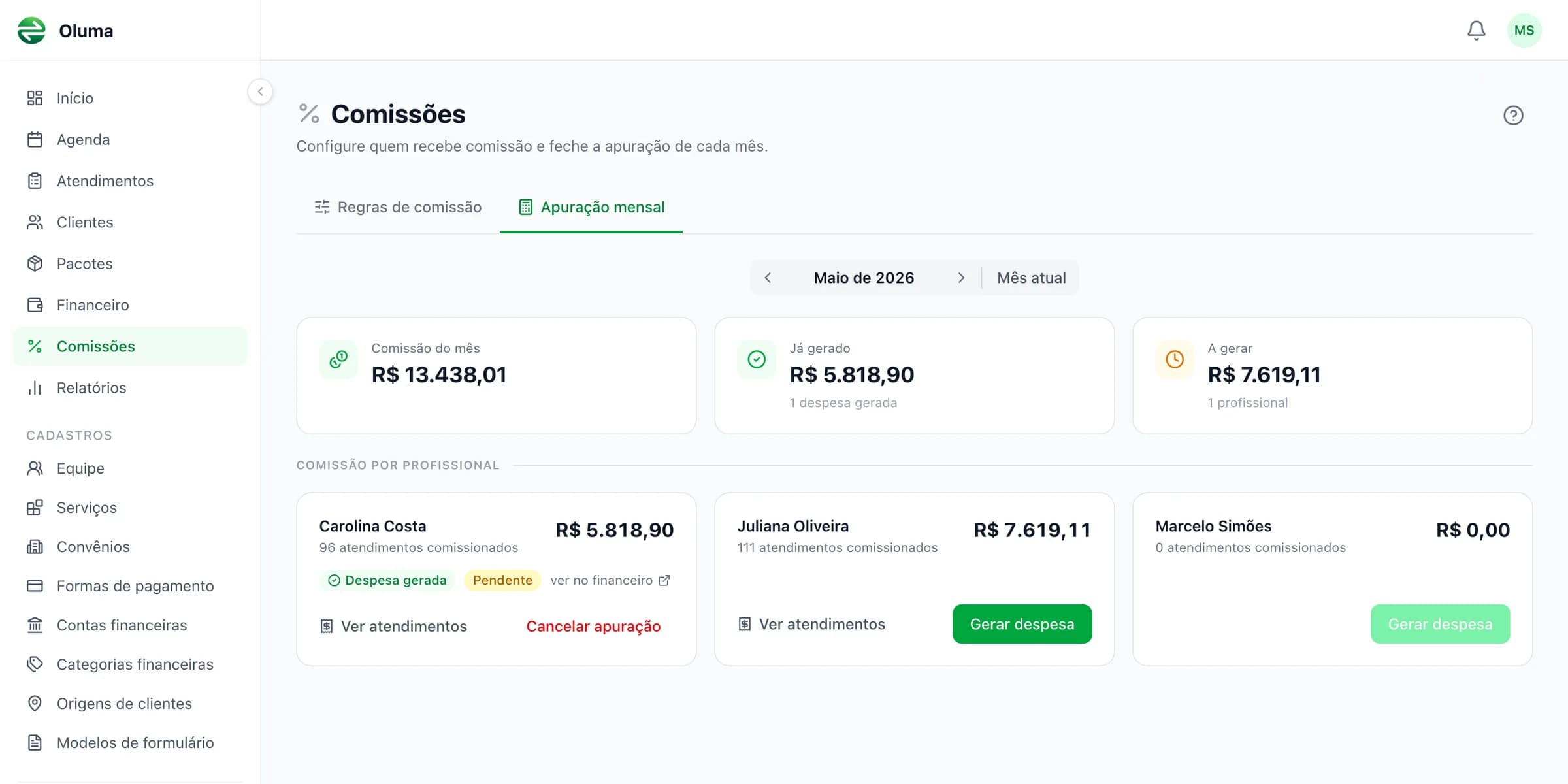 Apuração mensal de comissões no Oluma, com total por profissional