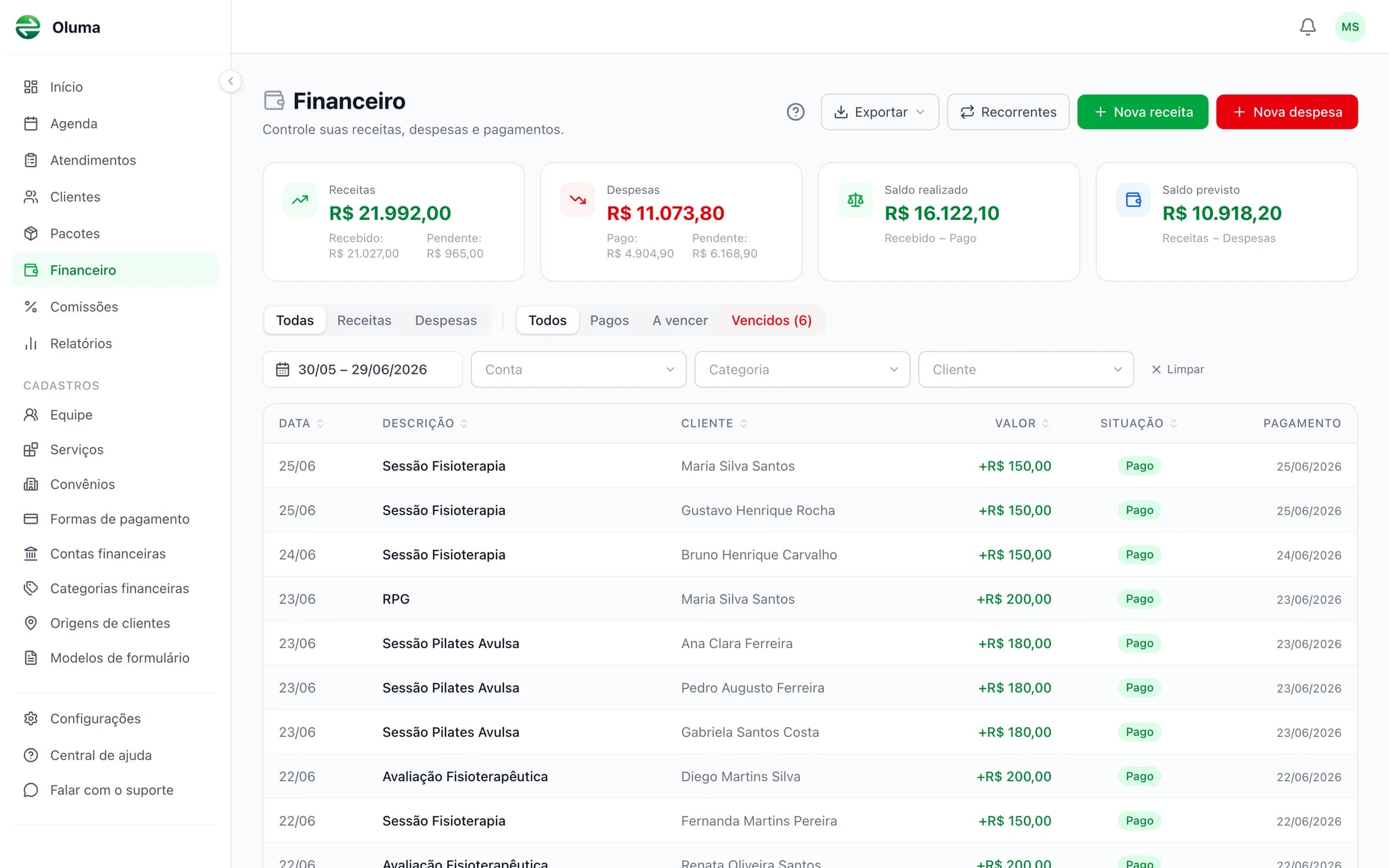 Visão do financeiro no Oluma com receitas, despesas e saldos